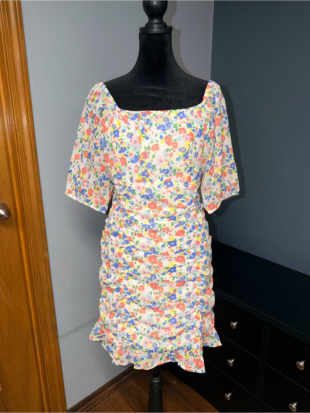 Square-Neck Floral Ruched Mini Dress in White Multicolor